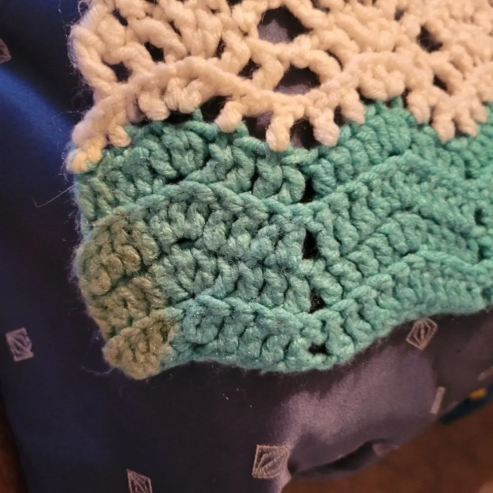 Vintage Afghan Crochet Handmade Teal & White Knit Blanket Throw